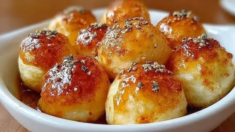 Plate of fluffy pancake poppers drizzled with syrup and topped with berries