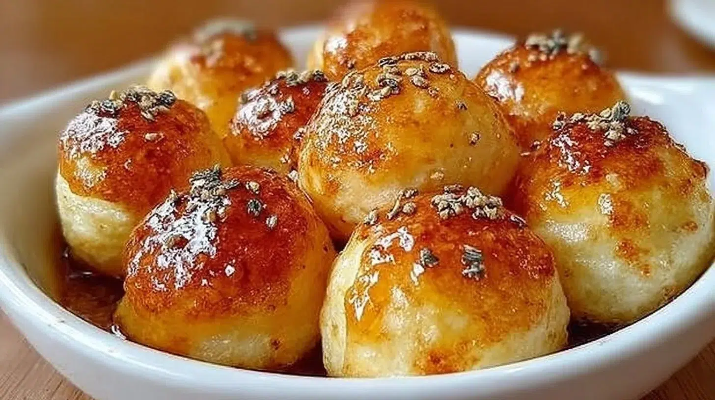 Plate of fluffy pancake poppers drizzled with syrup and topped with berries