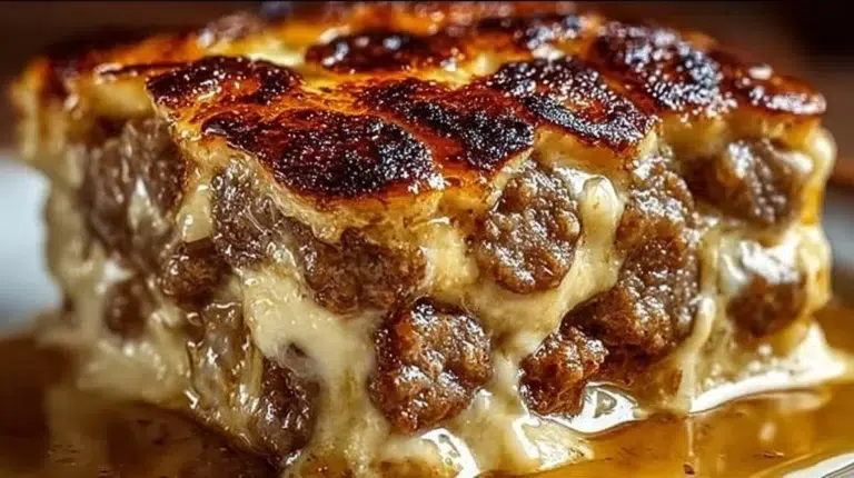 Delicious Pancake Sausage Casserole served with syrup and berries.