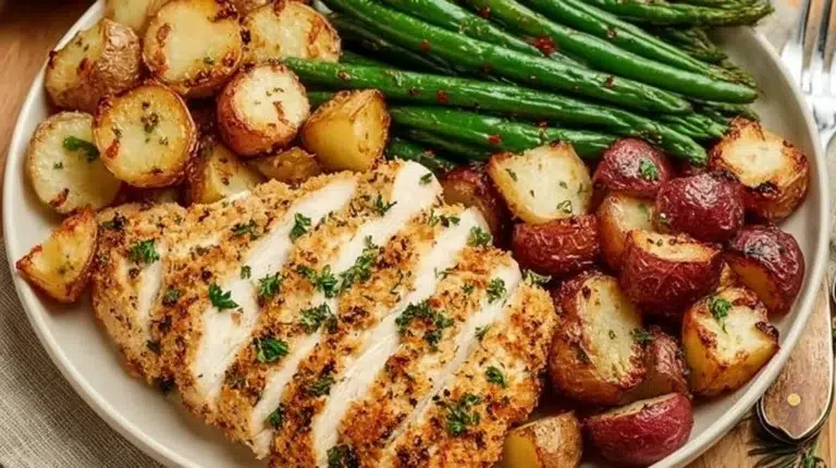 Parmesan crusted chicken on a sheet pan with vegetables