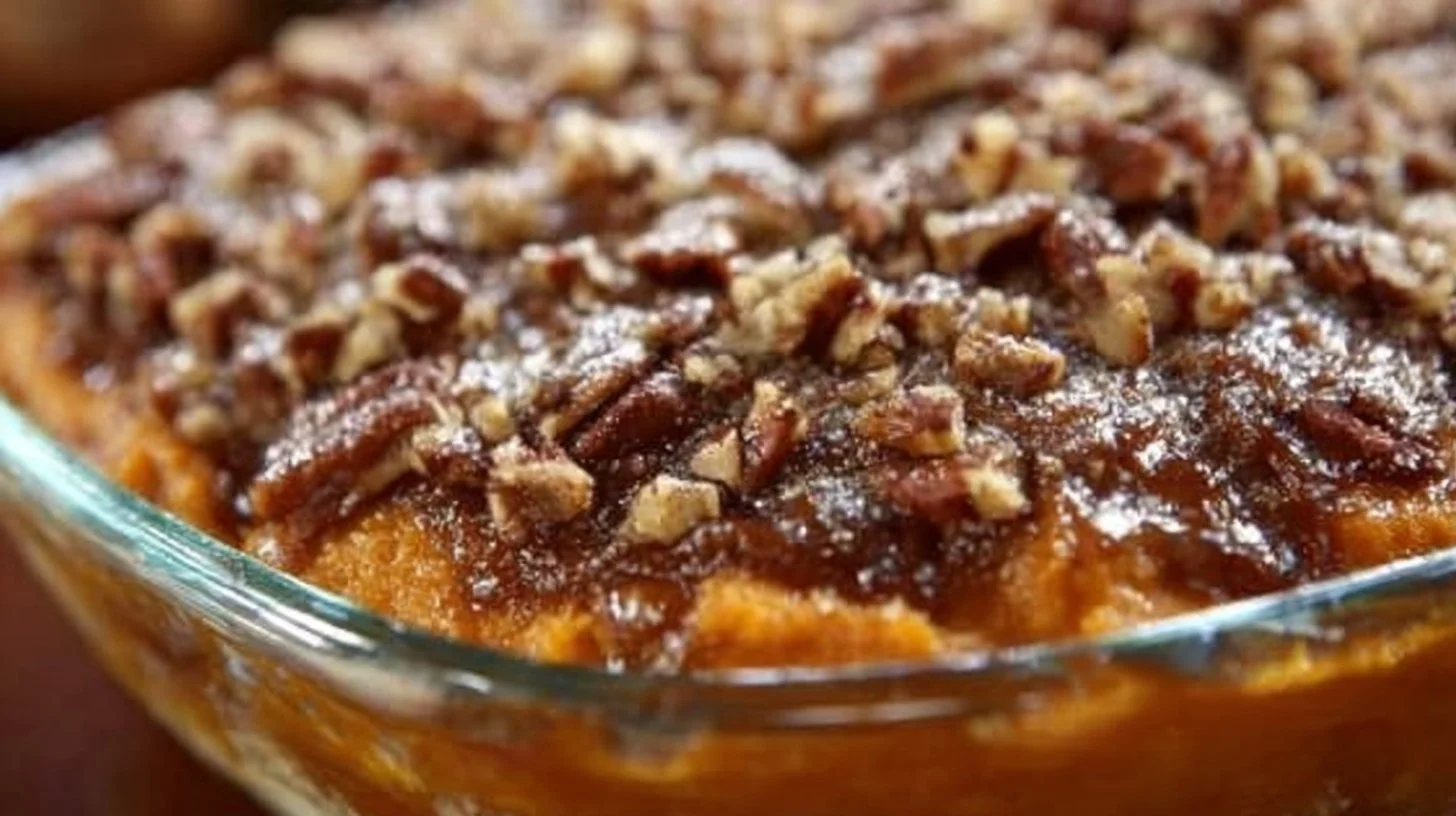 Paula Deen's sweet potato casserole topped with marshmallows and pecans