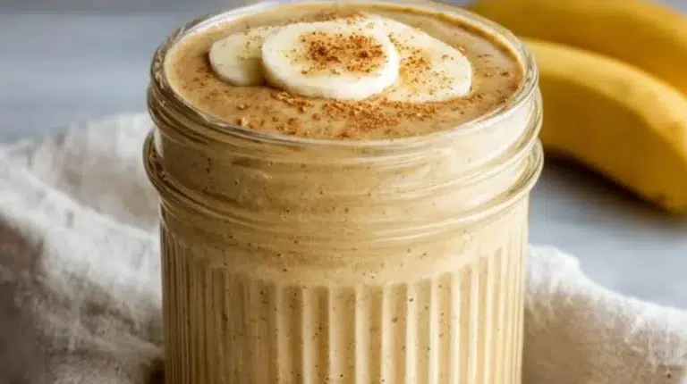 Creamy Peanut Butter Banana Smoothie in a glass with fresh bananas and a peanut butter swirl