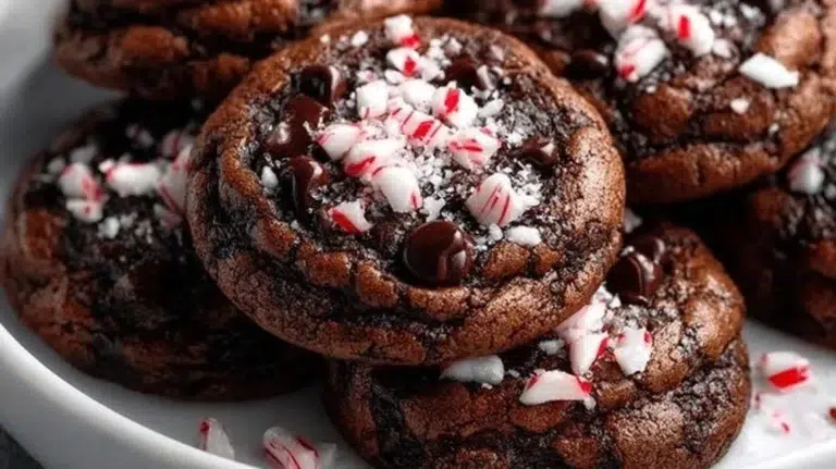 Delicious homemade peppermint brownie cookies decorated with festive mint sprinkles.