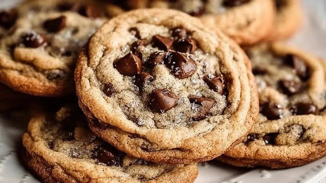 Freshly baked perfect bakery style chocolate chip cookies on a cooling rack