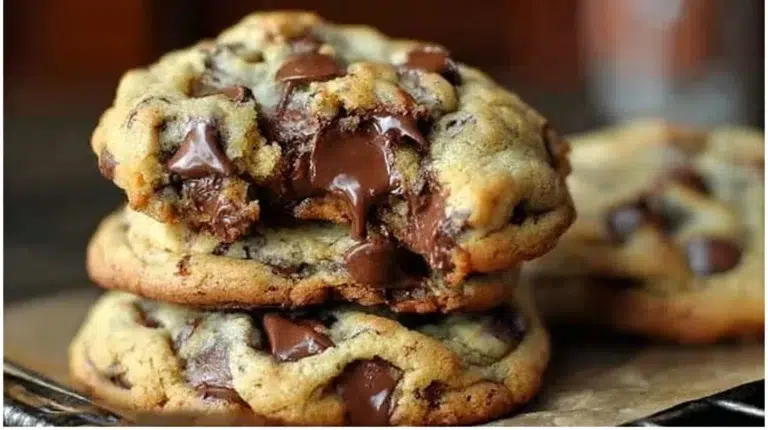 Perfectly baked chocolate chip cookies on a cooling rack