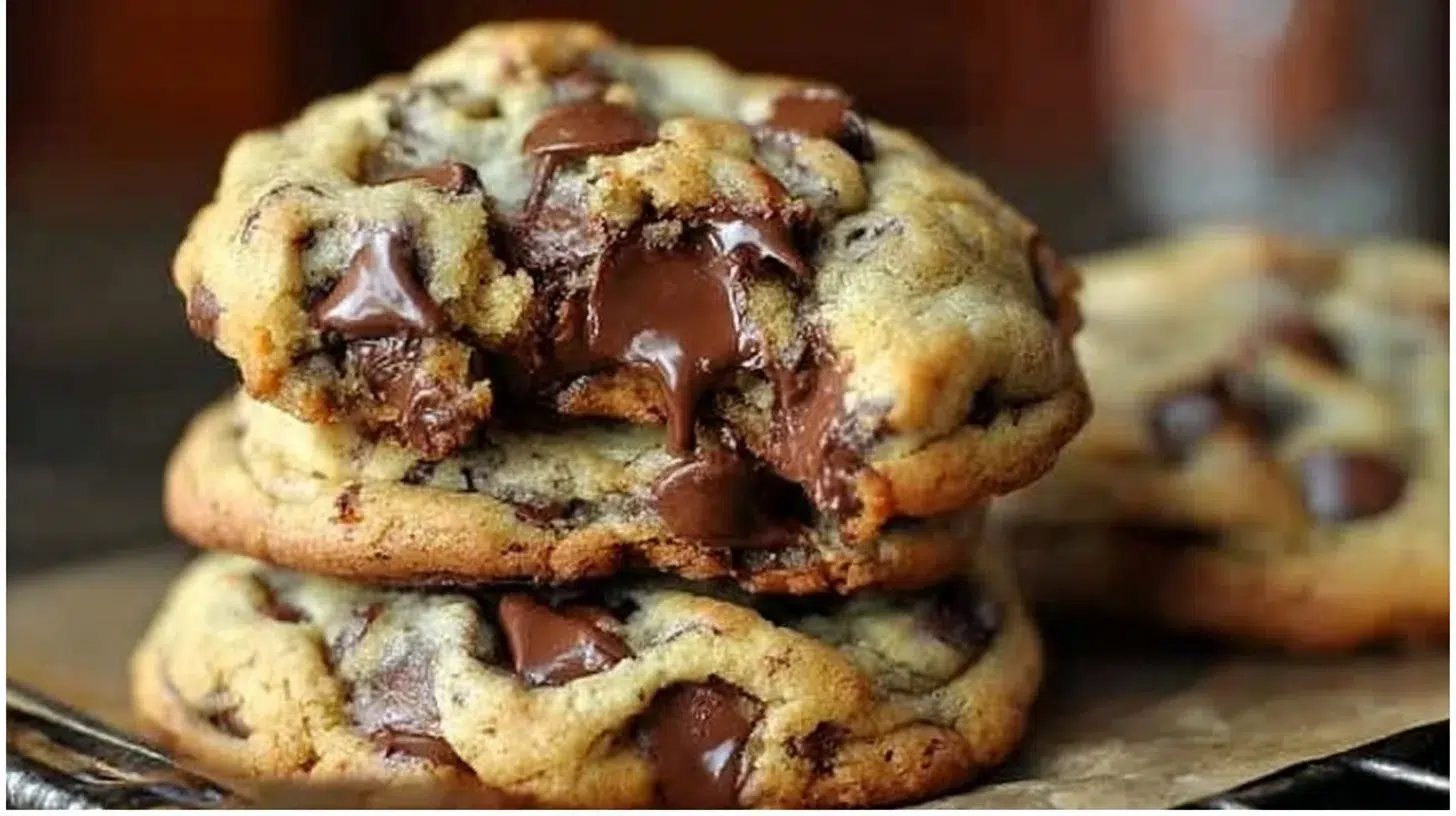Perfectly baked chocolate chip cookies on a cooling rack