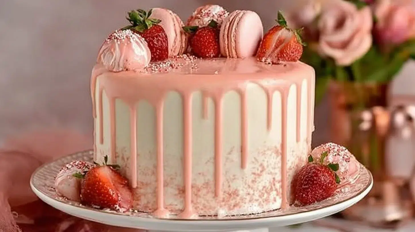 A beautifully decorated Pink Champagne Cake topped with fresh berries and frosting.