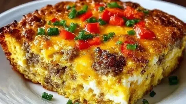 Pioneer Woman's delicious breakfast casserole freshly baked and served.