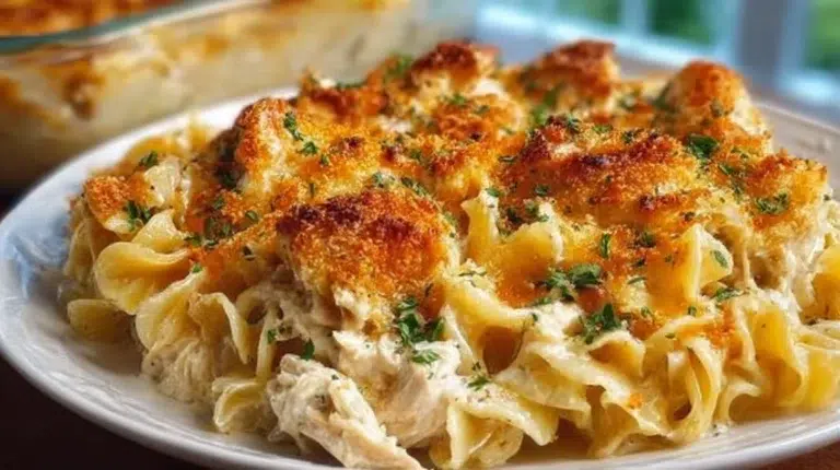 Delicious Pioneer Woman Chicken Noodle Casserole served in a baking dish