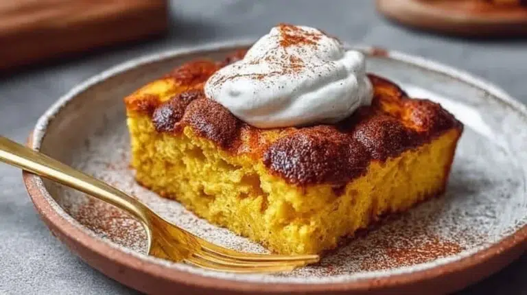Healthy Pumpkin Cottage Cheese Bake topped with spices and served in a rustic dish