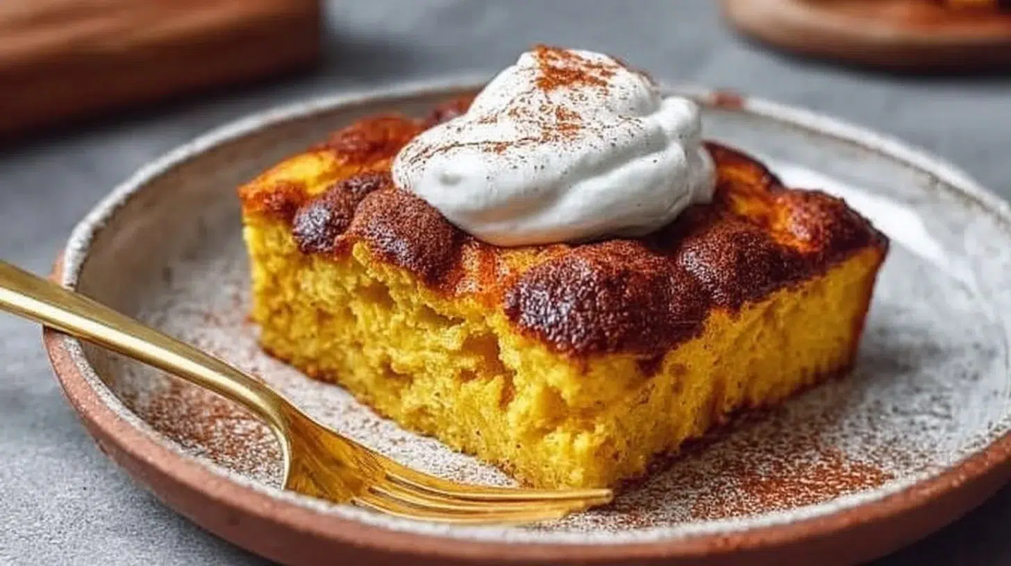 Healthy Pumpkin Cottage Cheese Bake topped with spices and served in a rustic dish