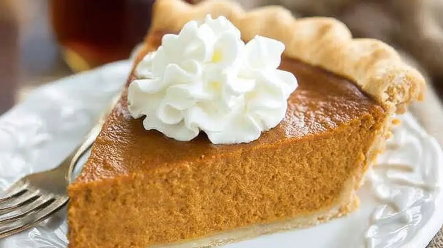 Delicious homemade Pumpkin Pie with whipped cream topping on a wooden table
