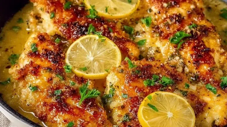 Plate of quick and easy lemon chicken garnished with fresh herbs