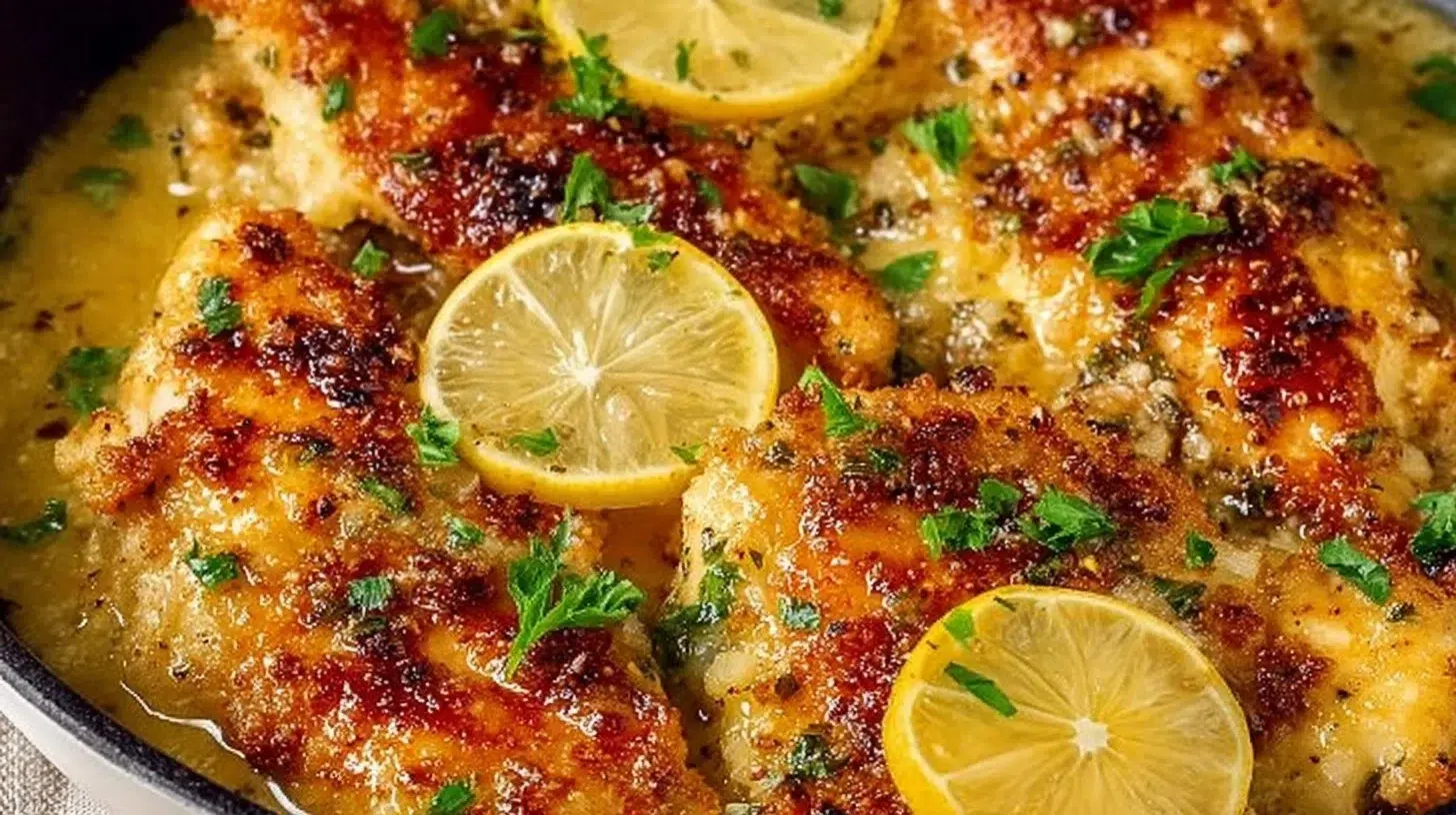 Plate of quick and easy lemon chicken garnished with fresh herbs