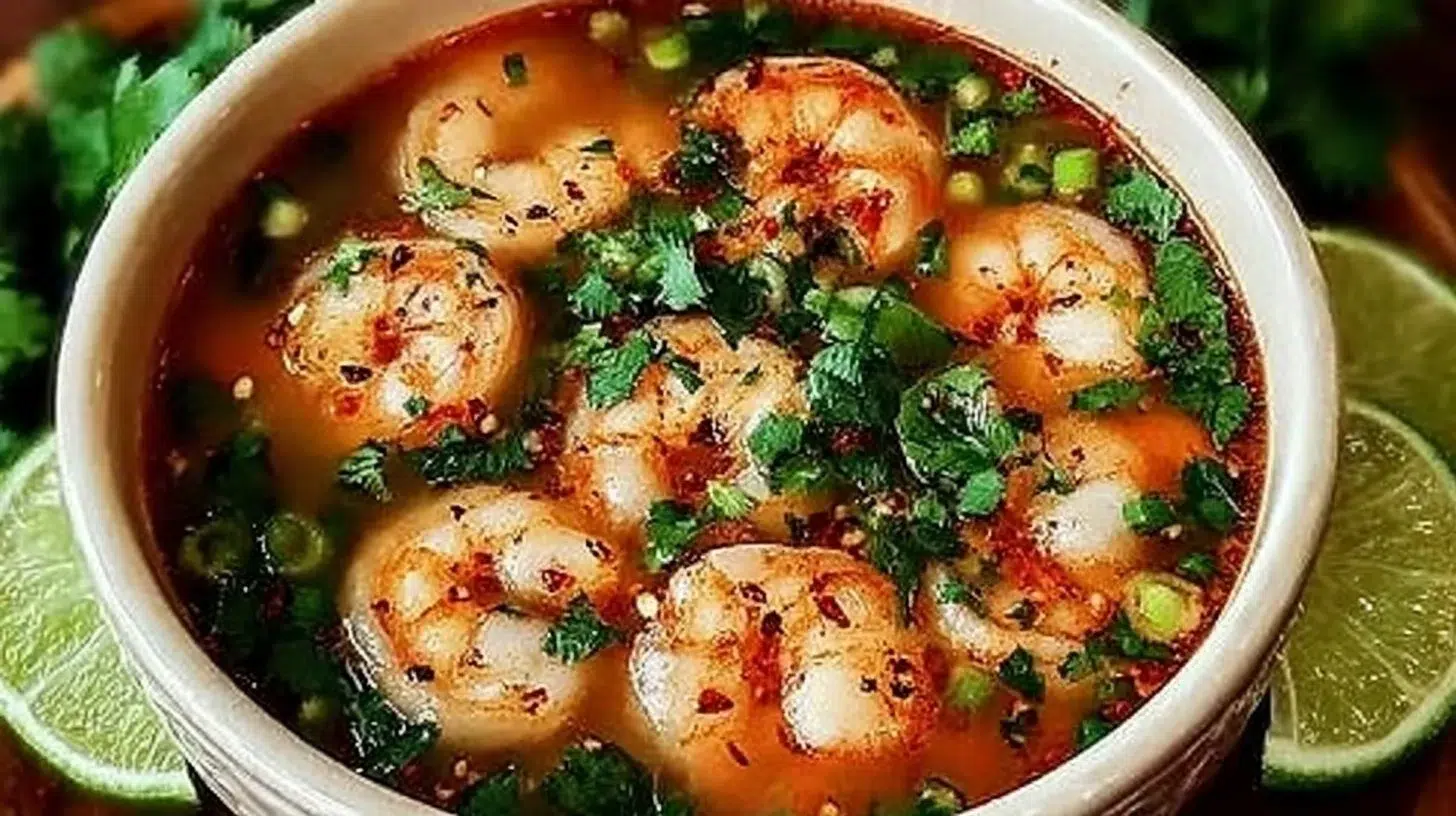 Bowl of quick and spicy shrimp soup garnished with herbs and spices