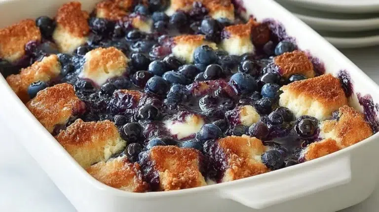 Delicious blueberry French toast casserole topped with fresh blueberries and syrup.
