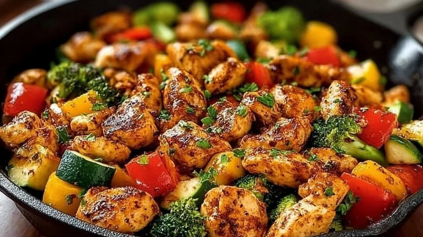 Quick and healthy chicken skillet recipe with colorful vegetables