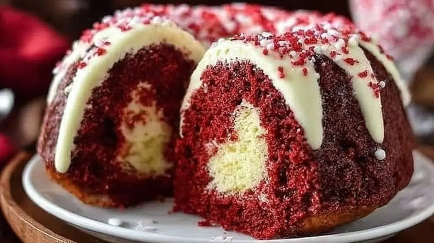 Delicious Red Velvet Bundt Cake served on a plate with cream cheese frosting