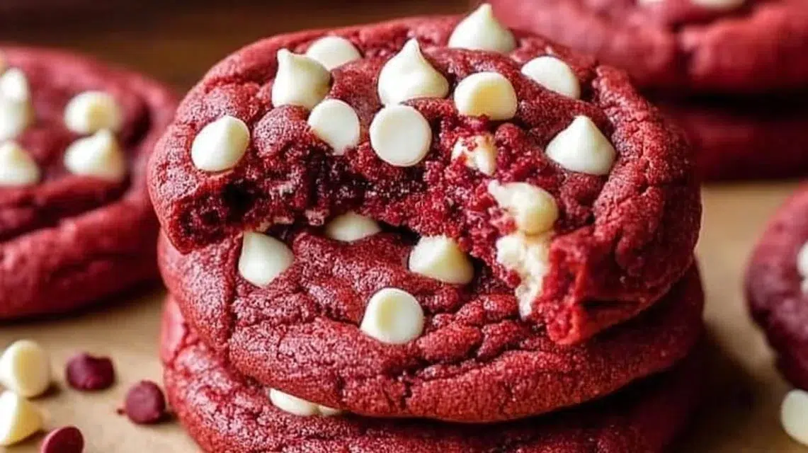 Freshly baked Red Velvet Cookies decorated with cream cheese icing