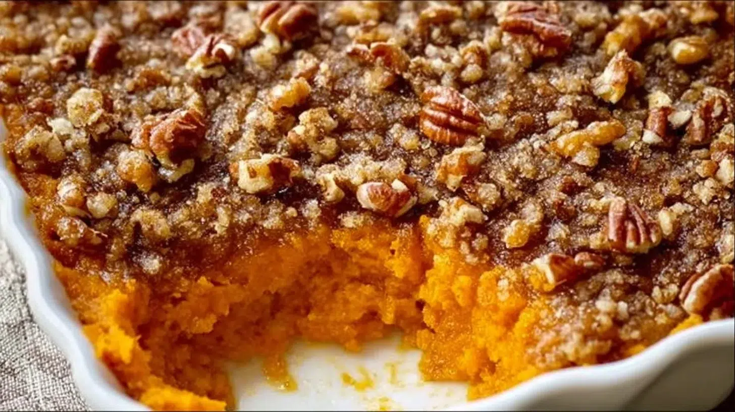 Delicious Ruth's Chris Sweet Potato Casserole topped with marshmallows and nuts.