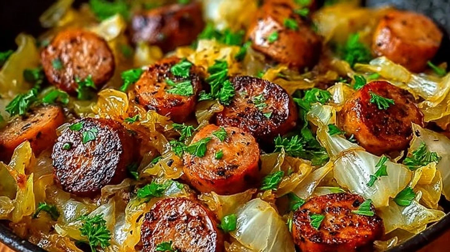 Delicious sausage and cabbage stir fry served hot in a skillet