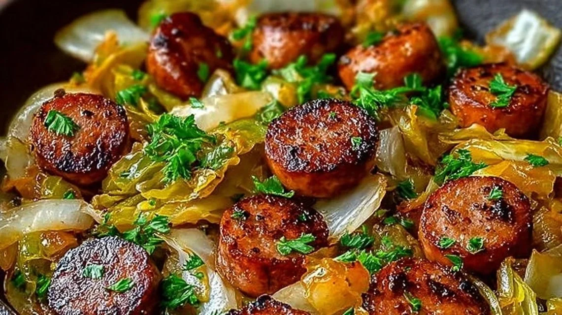 Sausage and Cabbage stir fry in a skillet with colorful vegetables