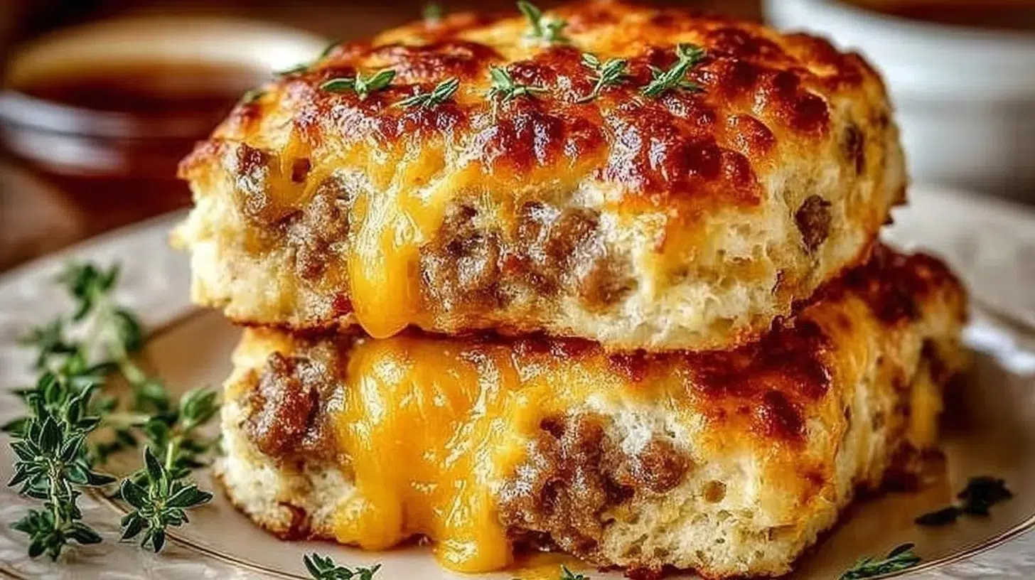 Delicious sausage, cheese, and butter swim biscuits ready to enjoy.