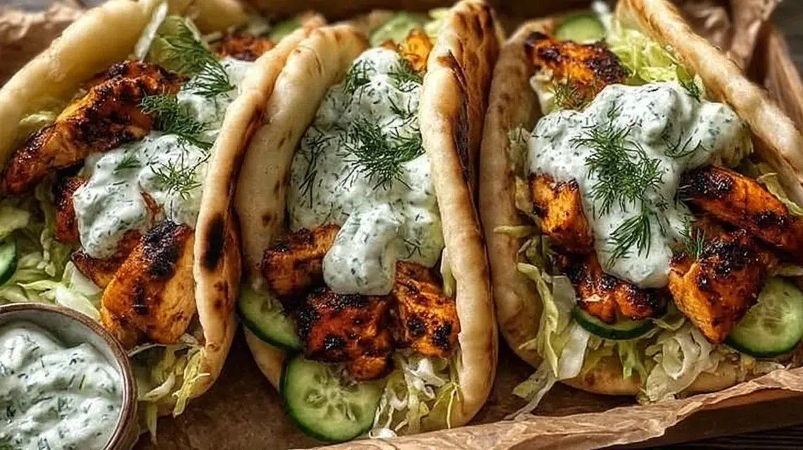 Sheet pan chicken pitas with herby ranch sauce served on a plate