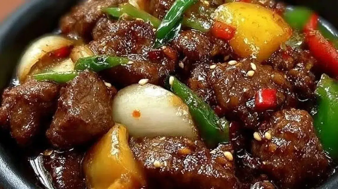 Sizzling Chinese Pepper Steak with Onions served on a plate