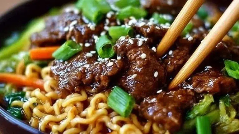 Slow cooker beef ramen noodles served in a bowl with fresh toppings.