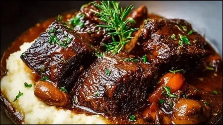 Delicious slow cooker beef short ribs served with vegetables and sauce