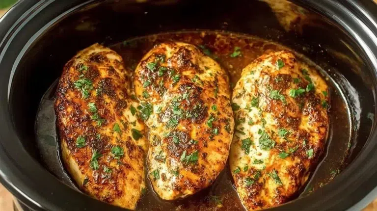 Slow Cooker chicken breasts with vegetables in a bowl ready to serve