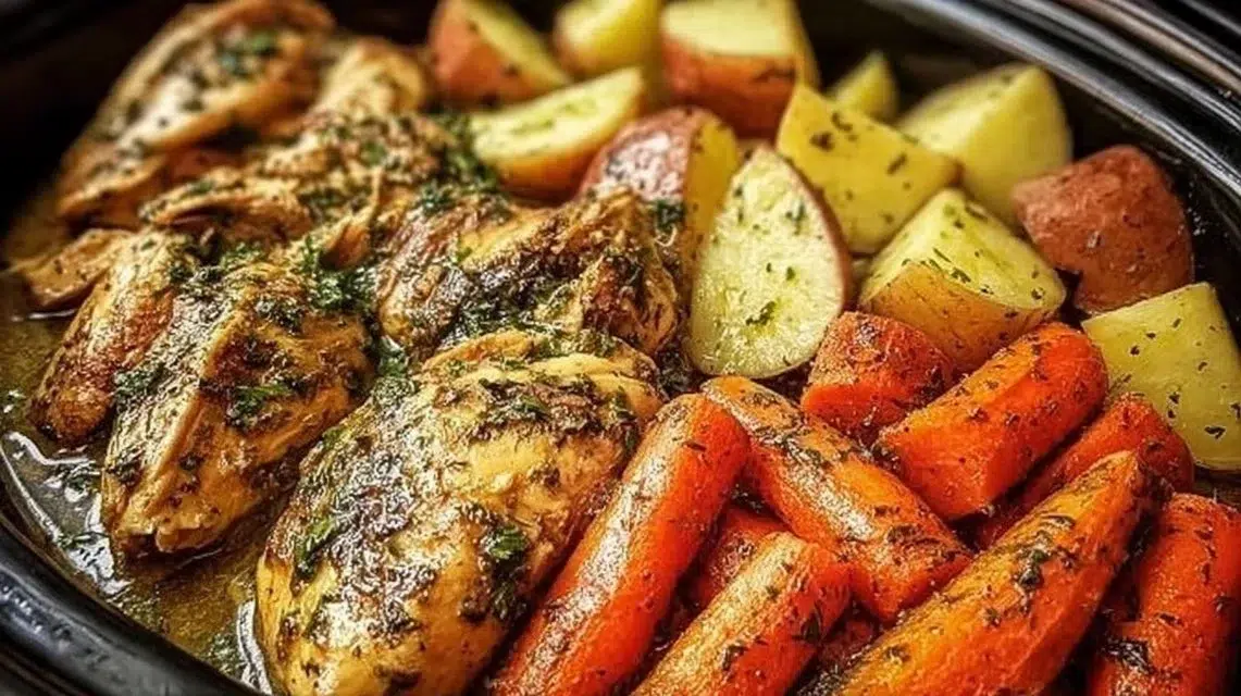 Slow cooker garlic butter chicken with mixed vegetables in a serving dish.