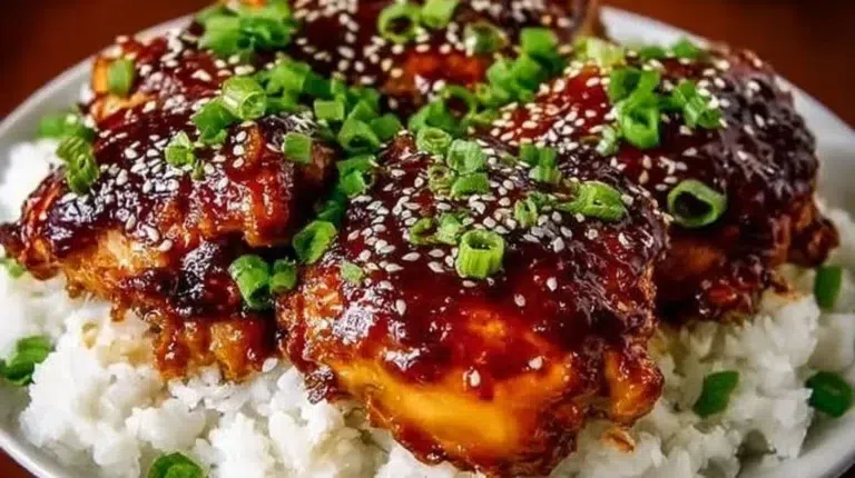 Slow cooker honey garlic chicken served with rice and vegetables