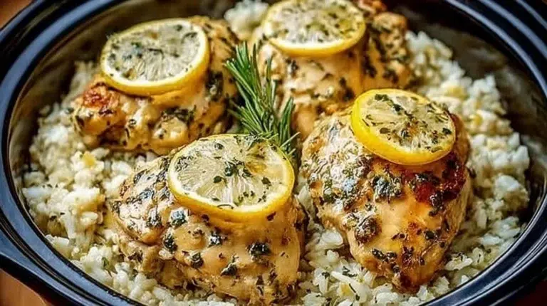 Slow cooker lemon herb chicken served with rice in a bowl.