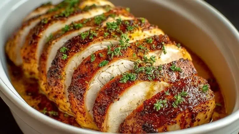 Tender slow cooker turkey breast served with vegetables