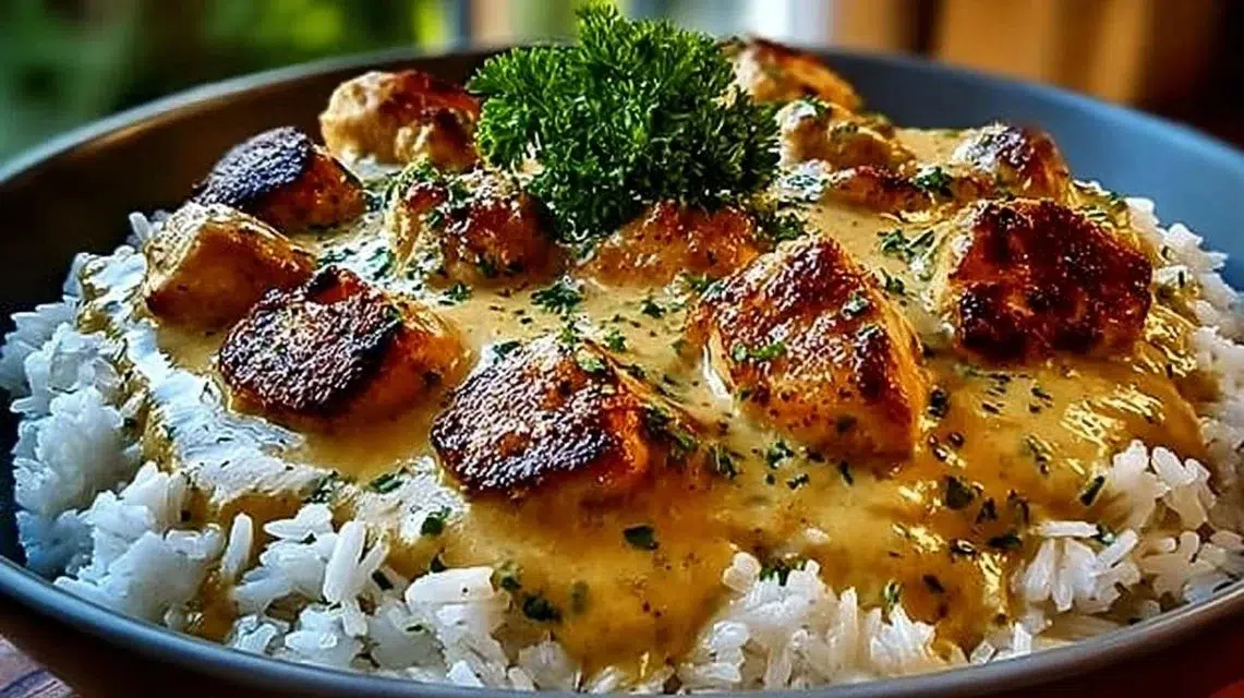 Plate of Smothered Chicken served over rice with vegetables and gravy