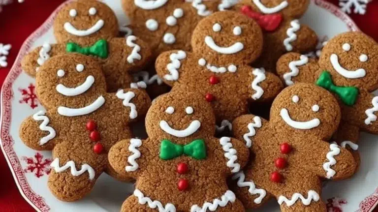 Soft and chewy gingerbread men cookies decorated with icing and candies