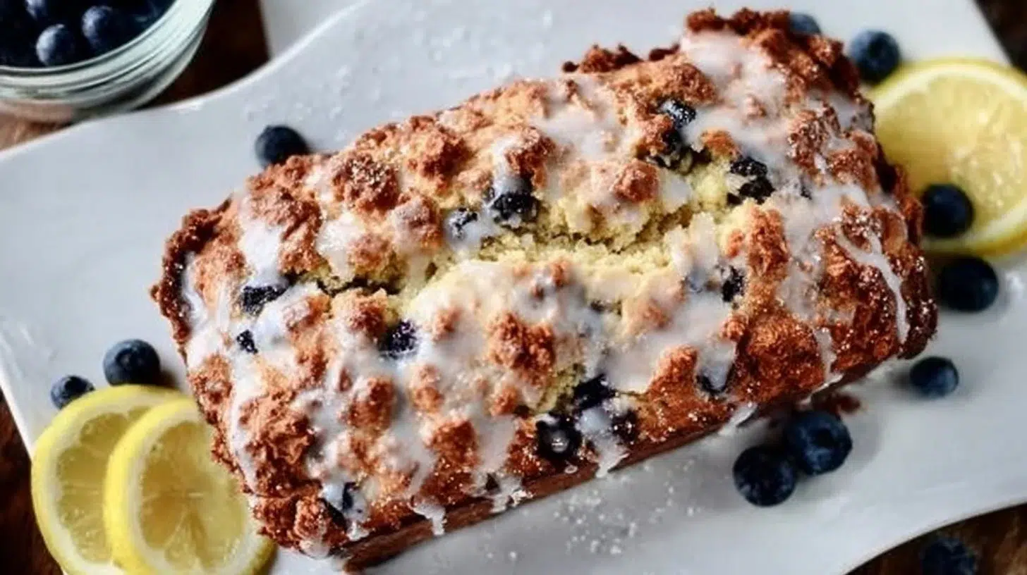 Loaf of sourdough blueberry lemon bread with fresh blueberries and lemon zest