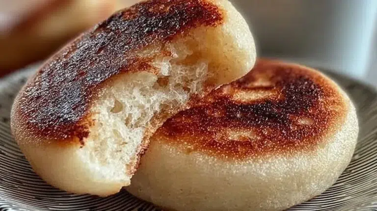 Golden sourdough discard English muffins ready to be served