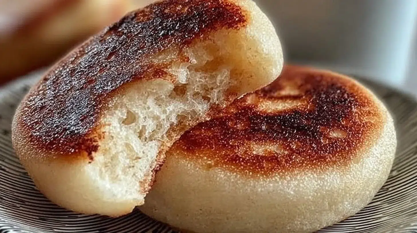 Golden sourdough discard English muffins ready to be served