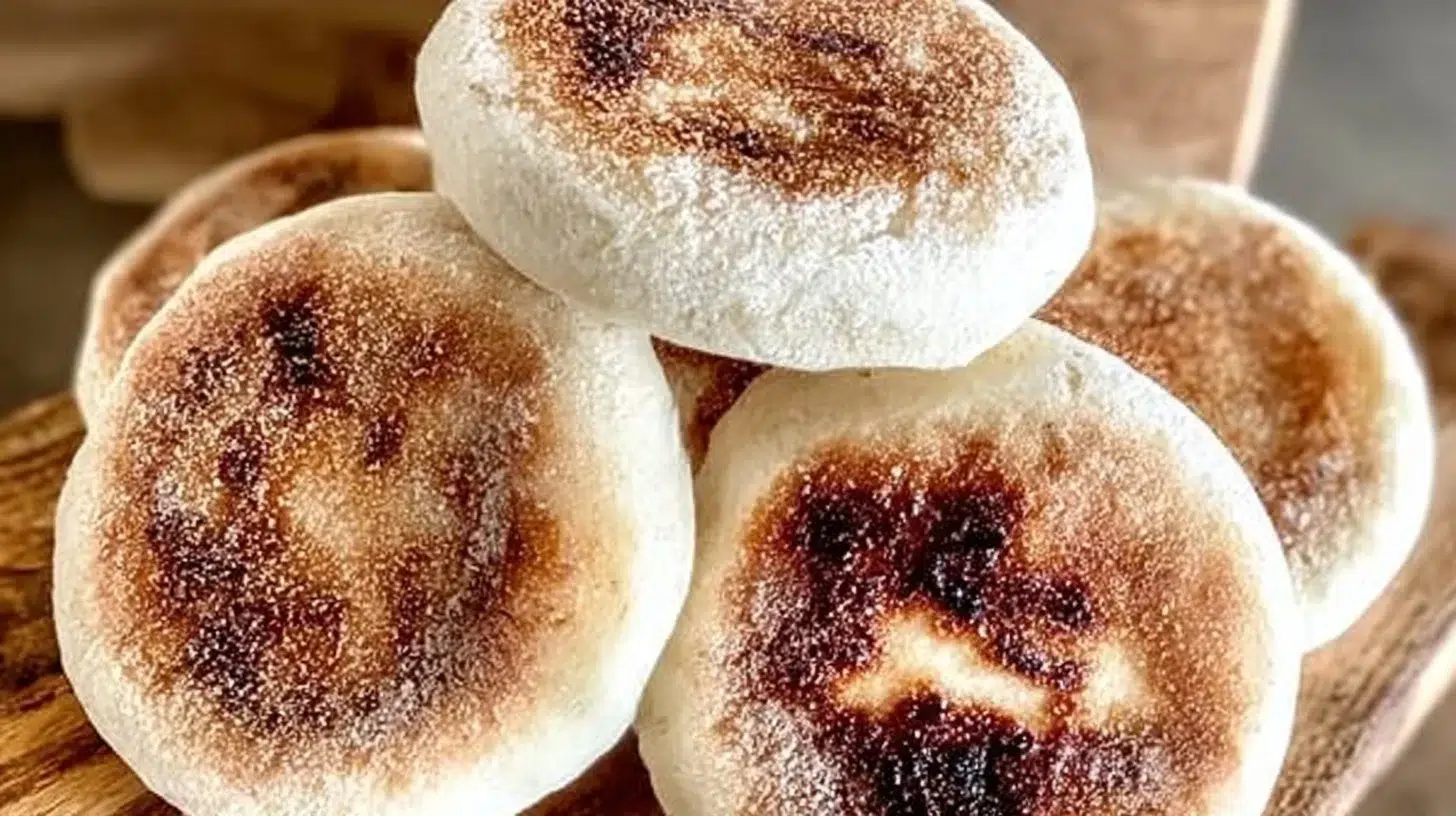 Freshly baked Sourdough English Muffins with crispy edges and soft insides