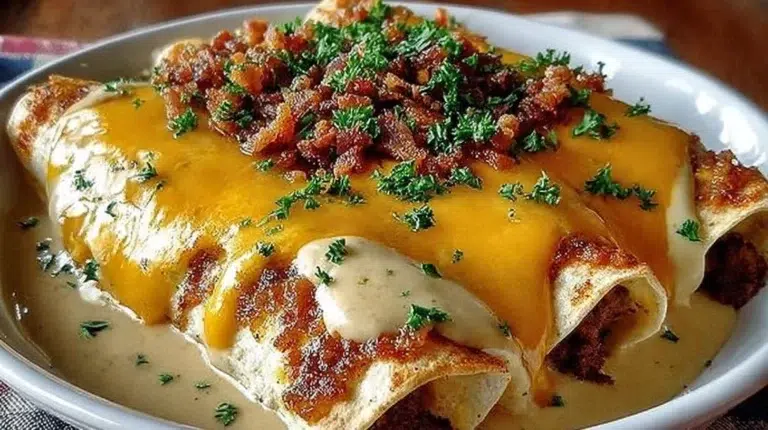 Southern breakfast enchiladas topped with sausage gravy served on a plate