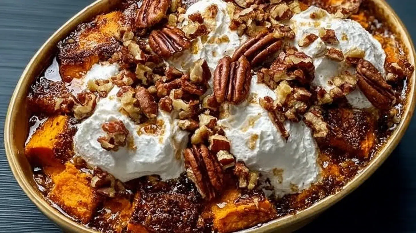 Southern Maple Sweet Potato Casserole topped with pecans and marshmallows