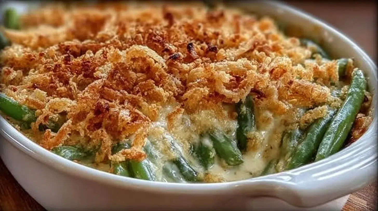 Southern-style Green Bean Casserole topped with crispy onions