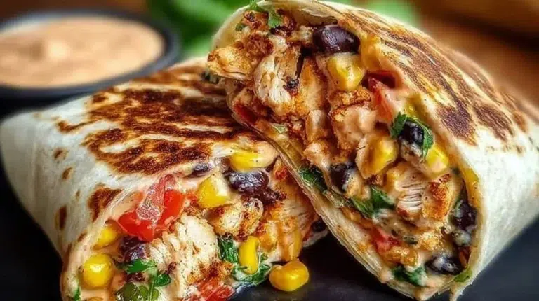 Delicious Southwest Chicken Wrap filled with fresh veggies and spicy chicken.