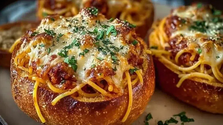 Spaghetti garlic bread bowls featuring delicious spaghetti and crispy garlic bread.