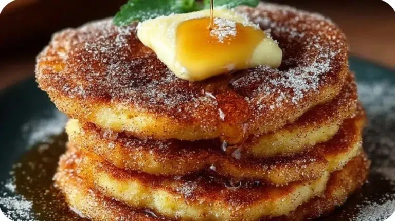 Delicious churro pancakes topped with cinnamon and sugar, perfect for breakfast.