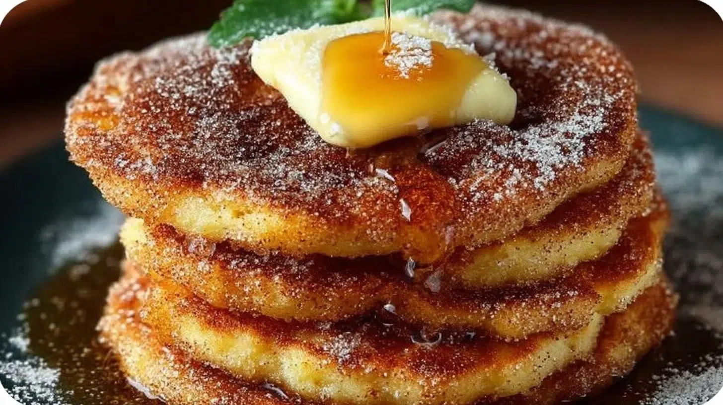 Delicious churro pancakes topped with cinnamon and sugar, perfect for breakfast.