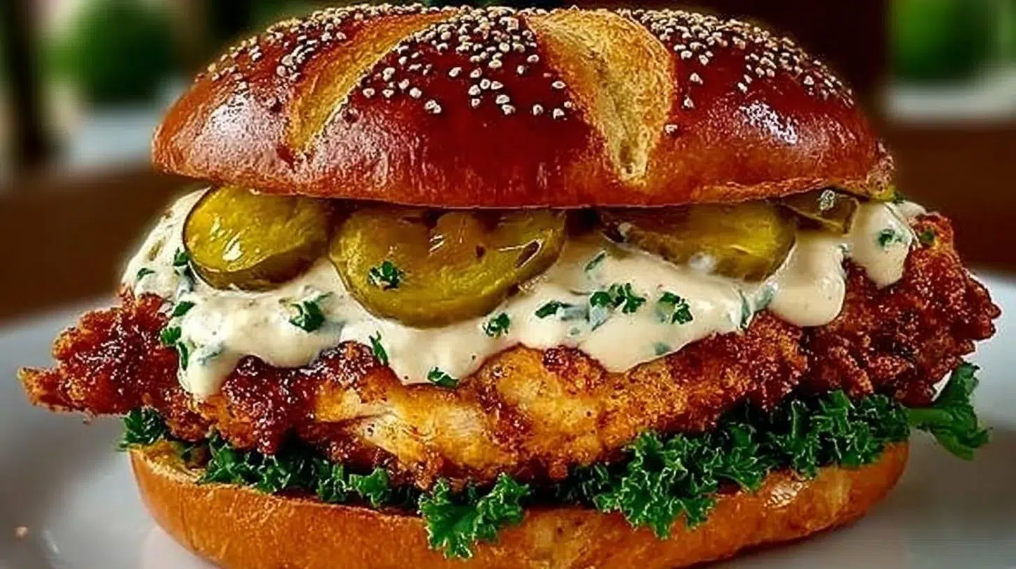 A spicy chicken sandwich drizzled with creamy homemade sauce on a plate